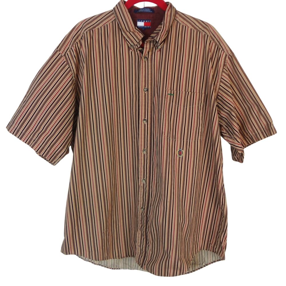 Vintage 90s Y2K Tommy Hilfiger Men Button Collared Striped Shirt Crest Logo XL